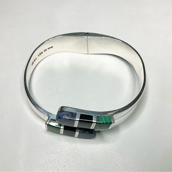 Heavy Sterling Silver Clamper Cuff Mexican Stone Tops - Picture 3 of 7